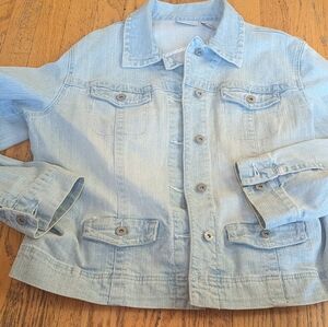 Chico's Light Blue Jean Jacket With FLOWER APPLIQUES SZ 2 12/14 $148 SPRING